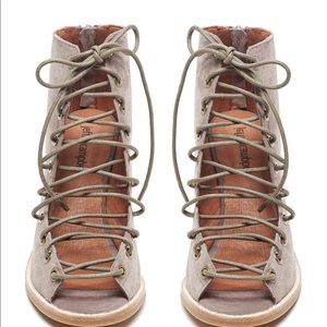 Open toe suede lace up booties. Size 8.5 , Taupe